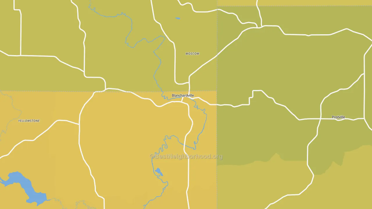 Map of the best neighborhoods in the Blanchardville area, with better matches in green and worse matches in red
