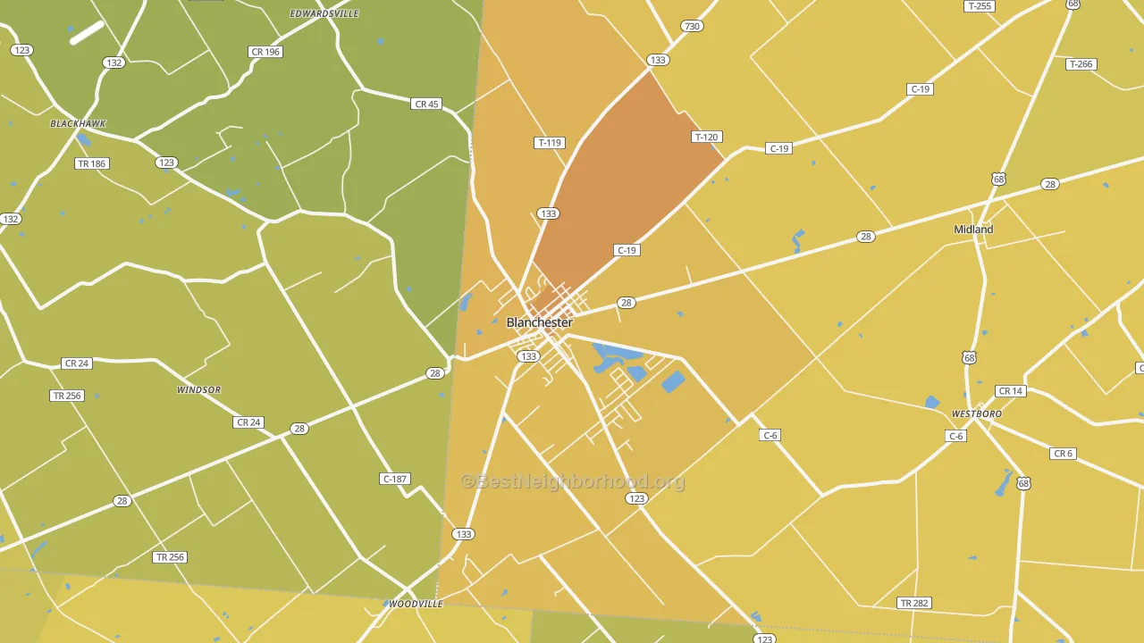 Map of the best neighborhoods in the Blanchester area, with better matches in green and worse matches in red