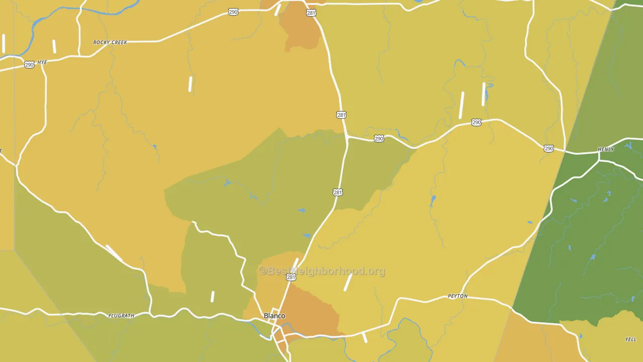 Map of the best neighborhoods in the Blanco County area, with better matches in green and worse matches in red
