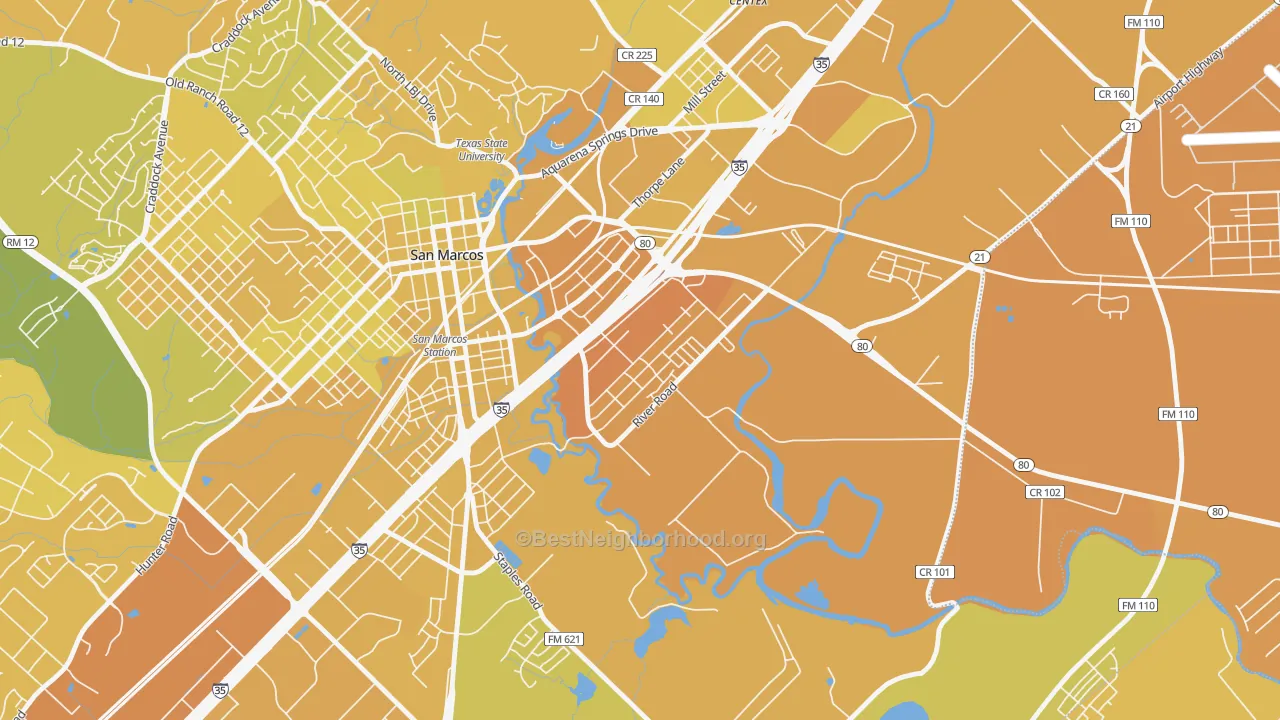 Map of the best neighborhoods in the Blanco Gardens, San Marcos area, with better matches in green and worse matches in red