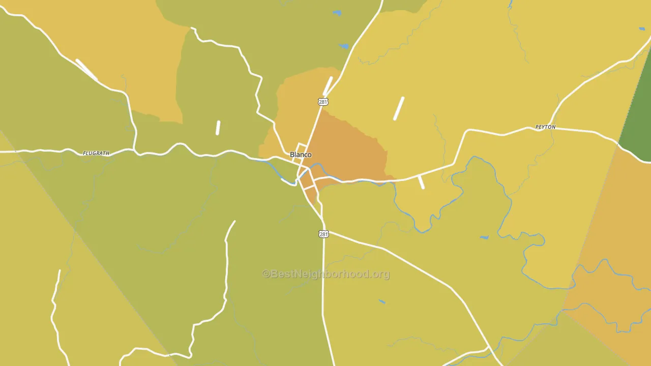 Map of the best neighborhoods in the Blanco area, with better matches in green and worse matches in red