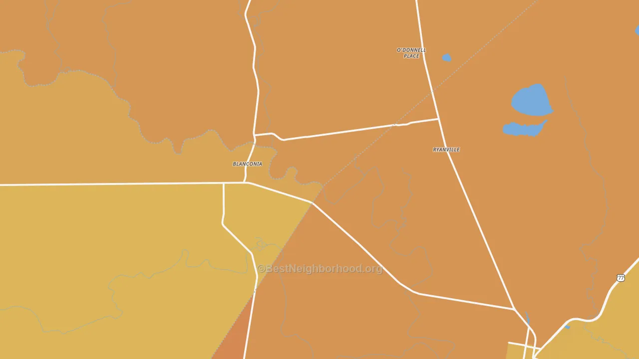 Map of the best neighborhoods in the Blanconia area, with better matches in green and worse matches in red