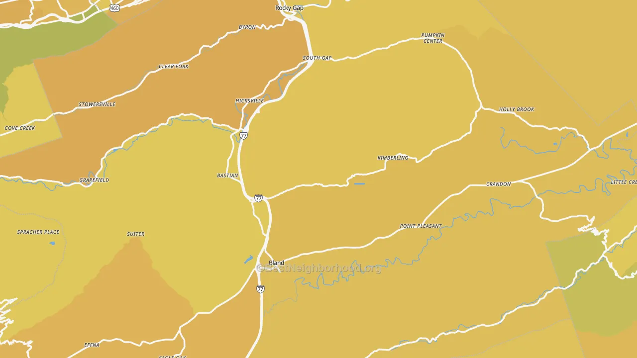 Map of the best neighborhoods in the Bland County area, with better matches in green and worse matches in red
