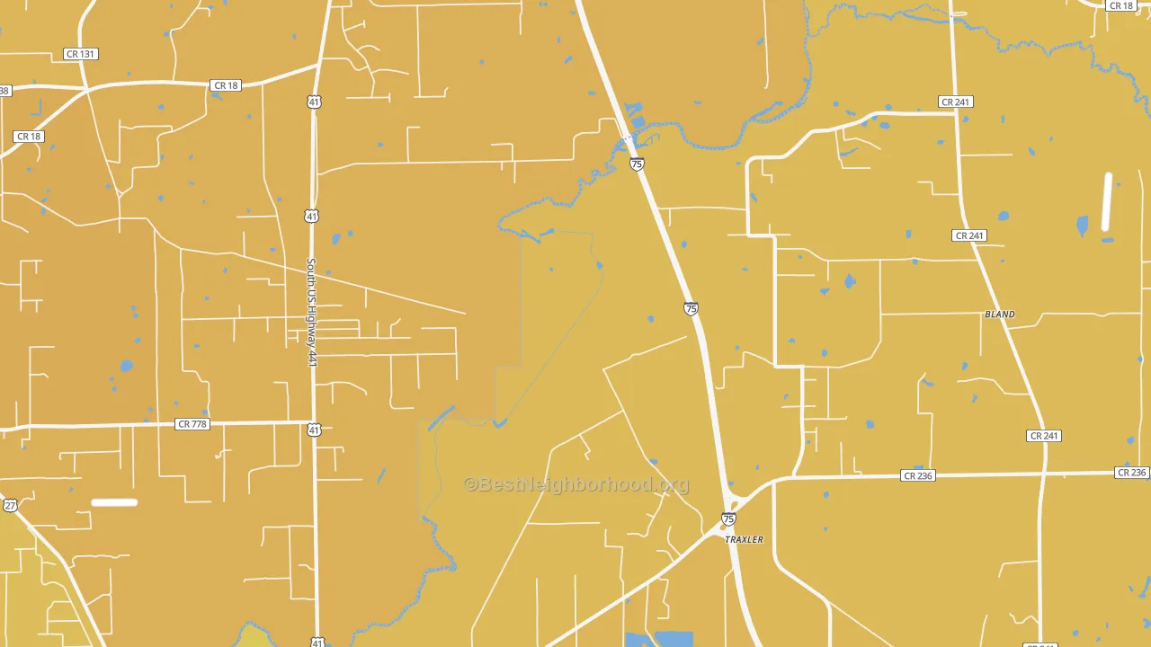 Map of the best neighborhoods in the Bland area, with better matches in green and worse matches in red