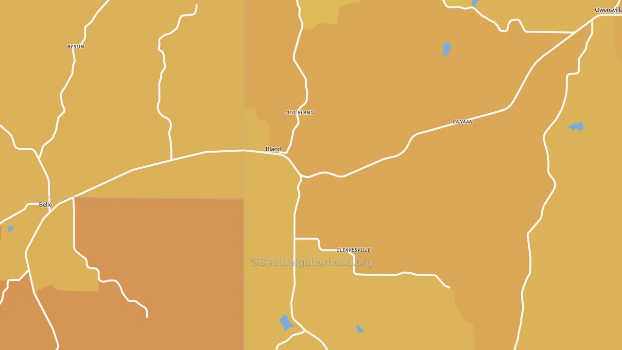 Map of the best neighborhoods in the Bland area, with better matches in green and worse matches in red