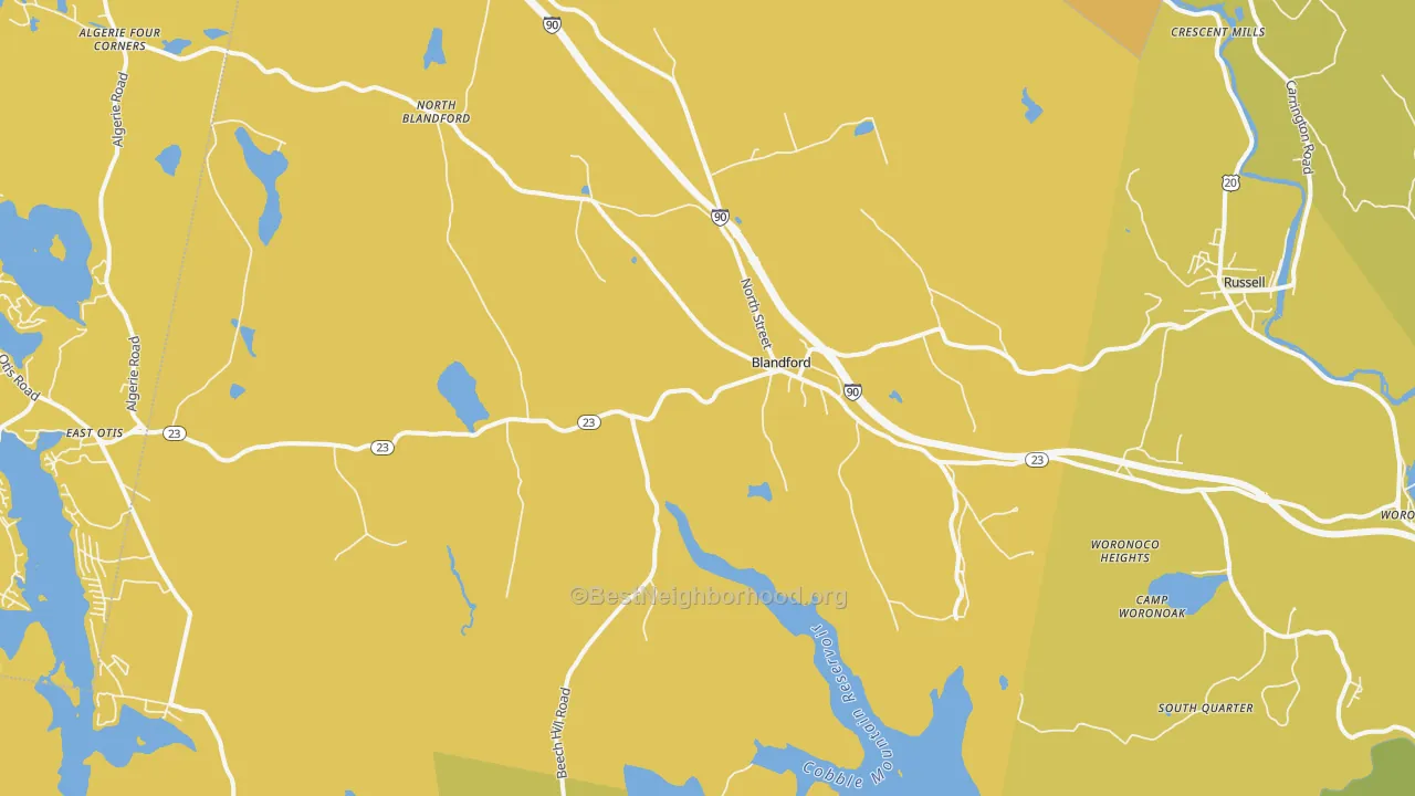 Map of the best neighborhoods in the Blandford area, with better matches in green and worse matches in red