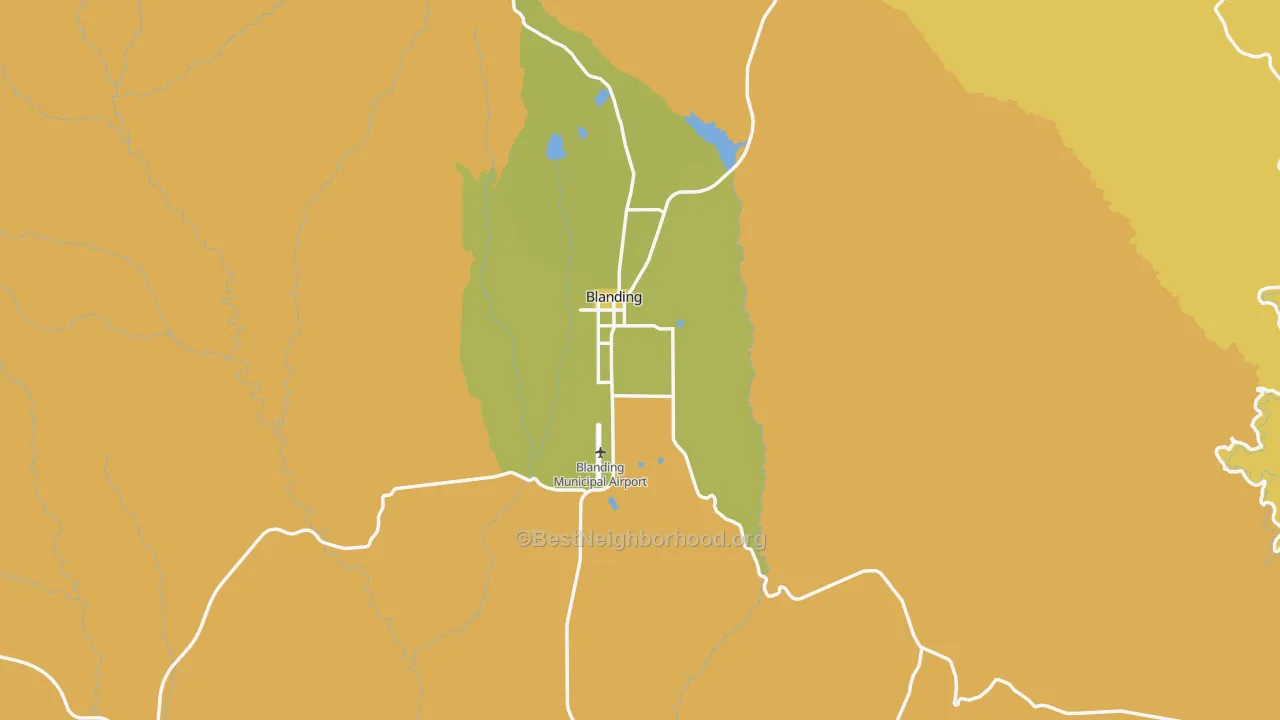 Map of the best neighborhoods in the Blanding area, with better matches in green and worse matches in red