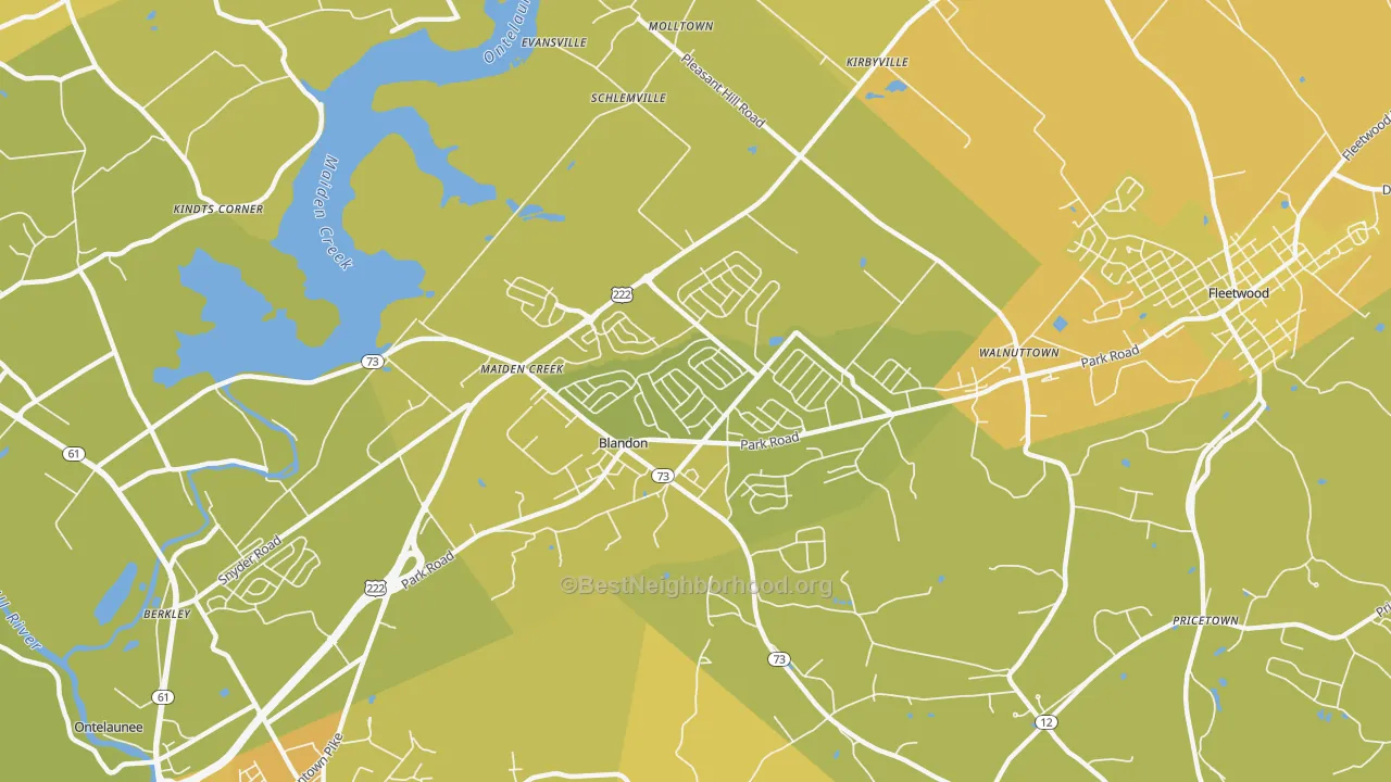 Map of the best neighborhoods in the Blandon area, with better matches in green and worse matches in red