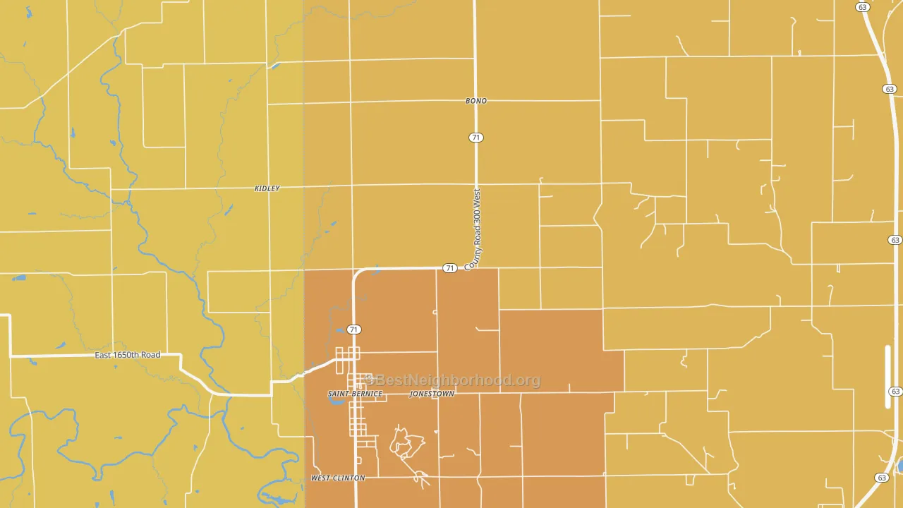 Map of the best neighborhoods in the Blanford area, with better matches in green and worse matches in red
