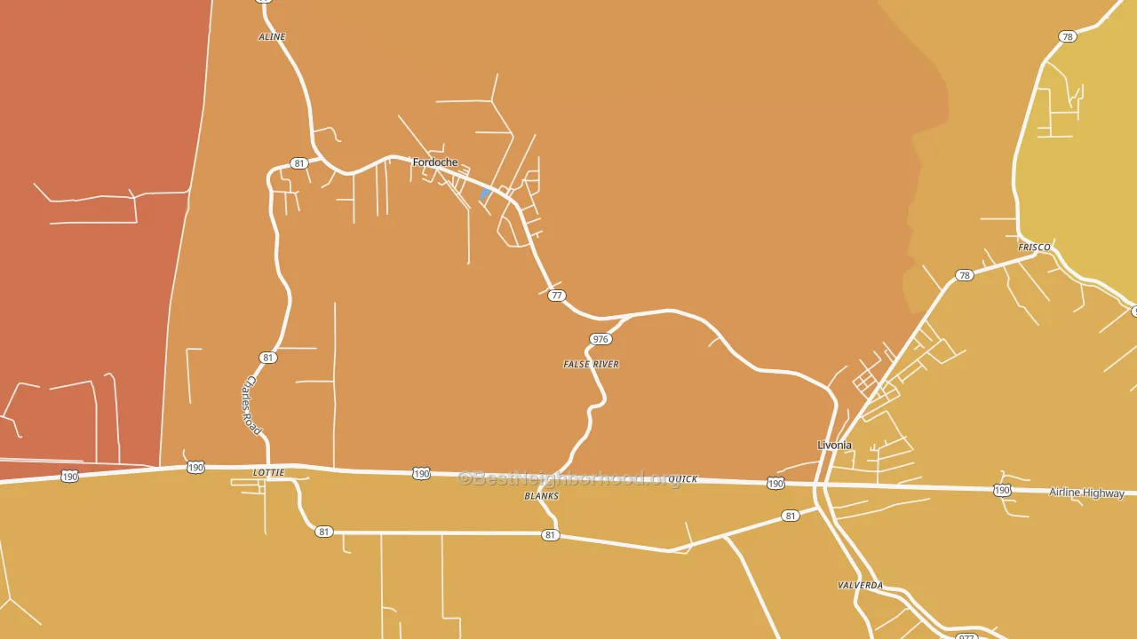 Map of the best neighborhoods in the Blanks area, with better matches in green and worse matches in red