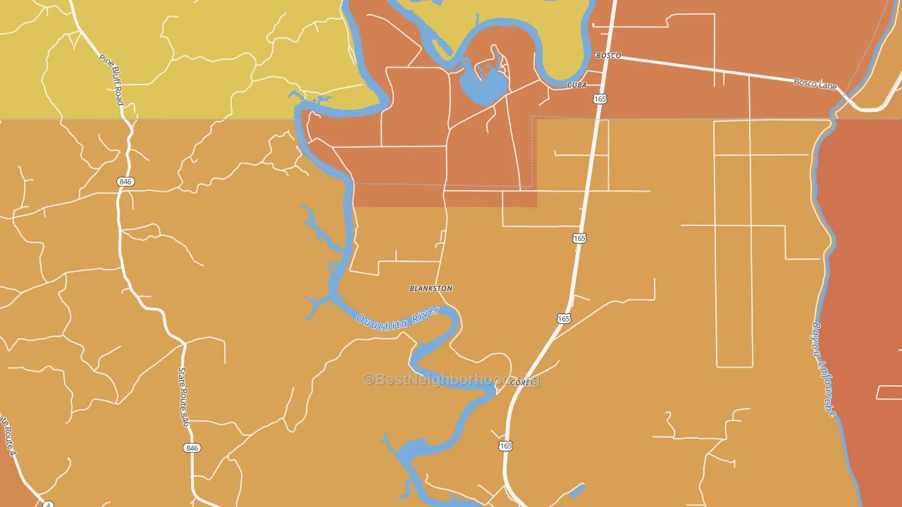 Map of the best neighborhoods in the Blankston area, with better matches in green and worse matches in red