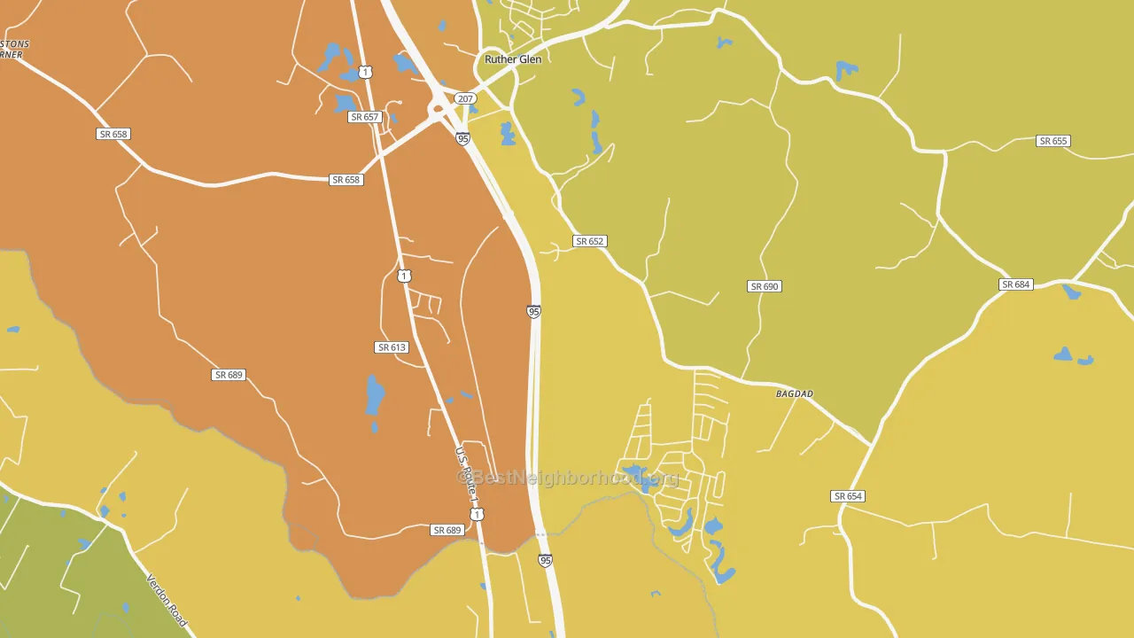 Map of the best neighborhoods in the Blantons area, with better matches in green and worse matches in red