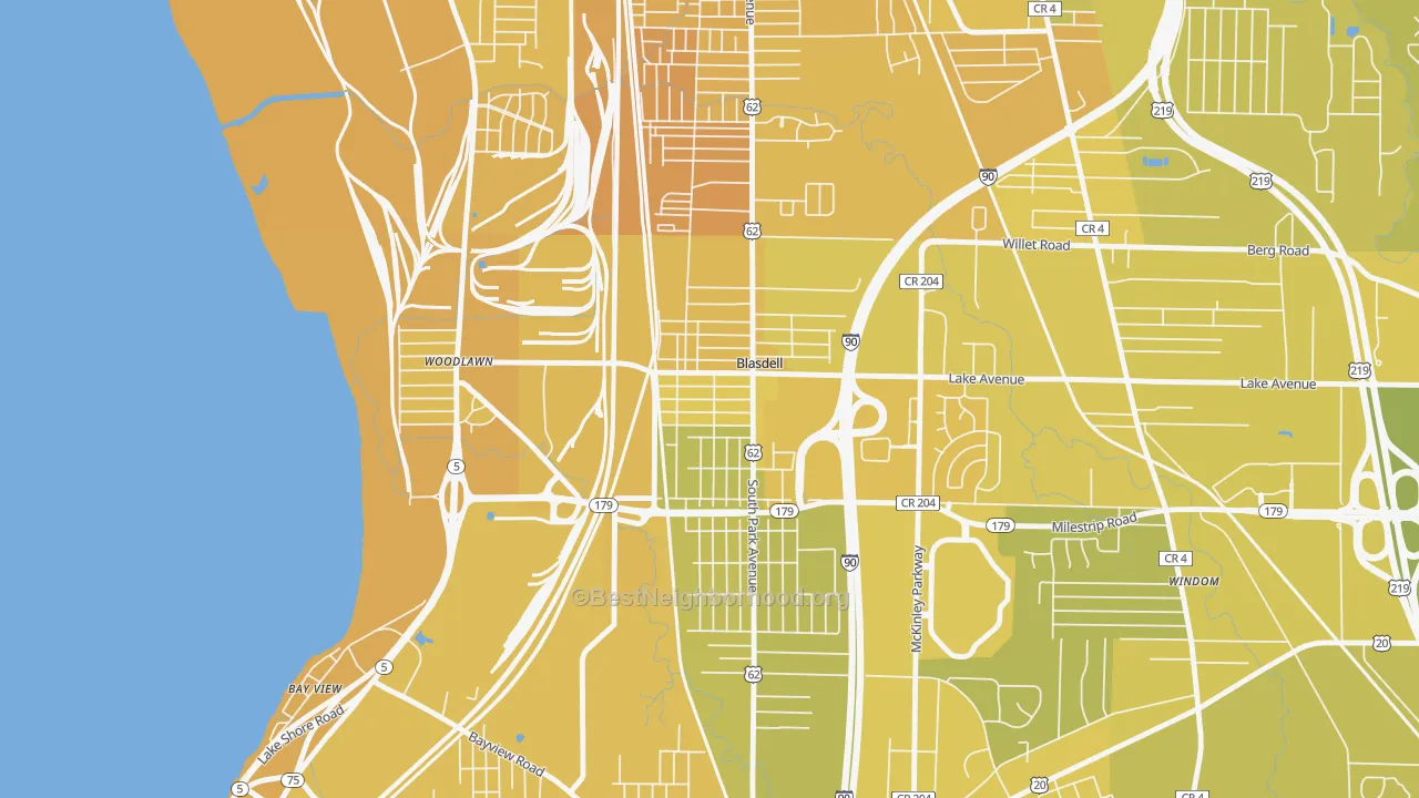 Map of the best neighborhoods in the Blasdell area, with better matches in green and worse matches in red