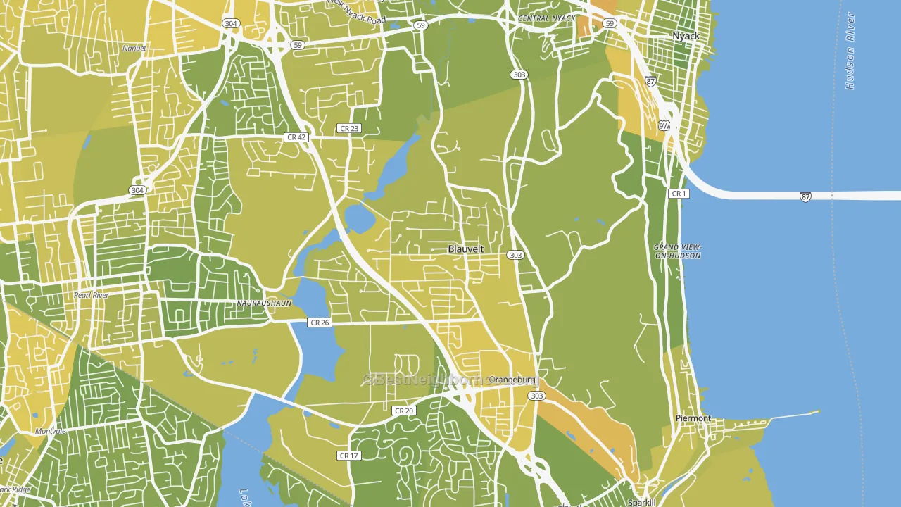 Map of the best neighborhoods in the Blauvelt area, with better matches in green and worse matches in red