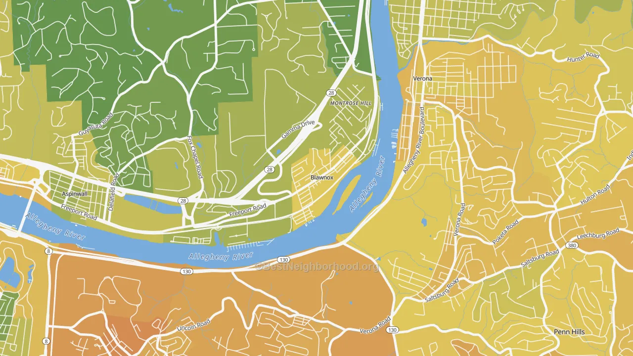 Map of the best neighborhoods in the Blawnox area, with better matches in green and worse matches in red