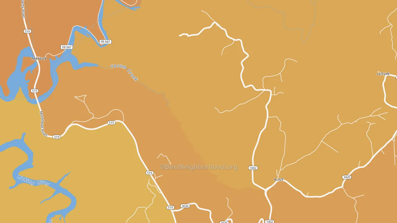 Map of the best neighborhoods in the Blaze area, with better matches in green and worse matches in red