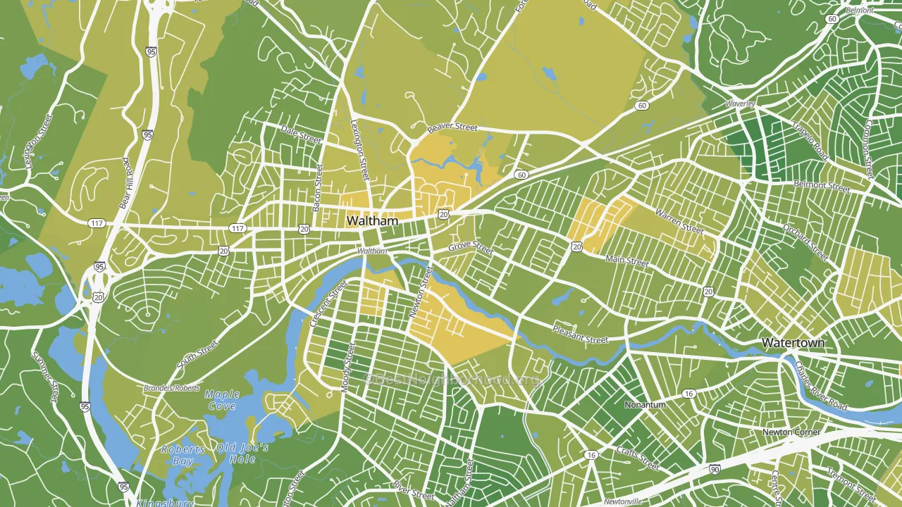 Map of the best neighborhoods in the Bleachery, Waltham area, with better matches in green and worse matches in red