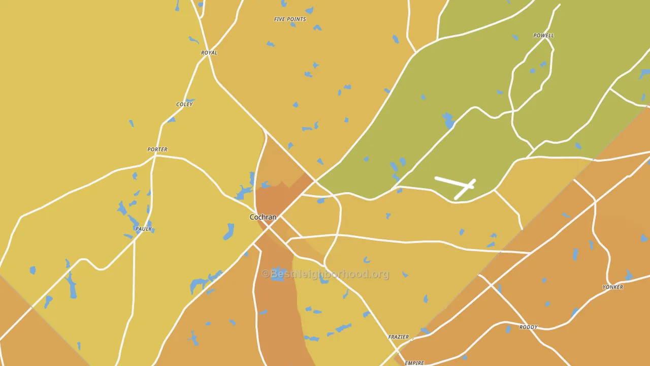 Map of the best neighborhoods in the Bleckley County area, with better matches in green and worse matches in red