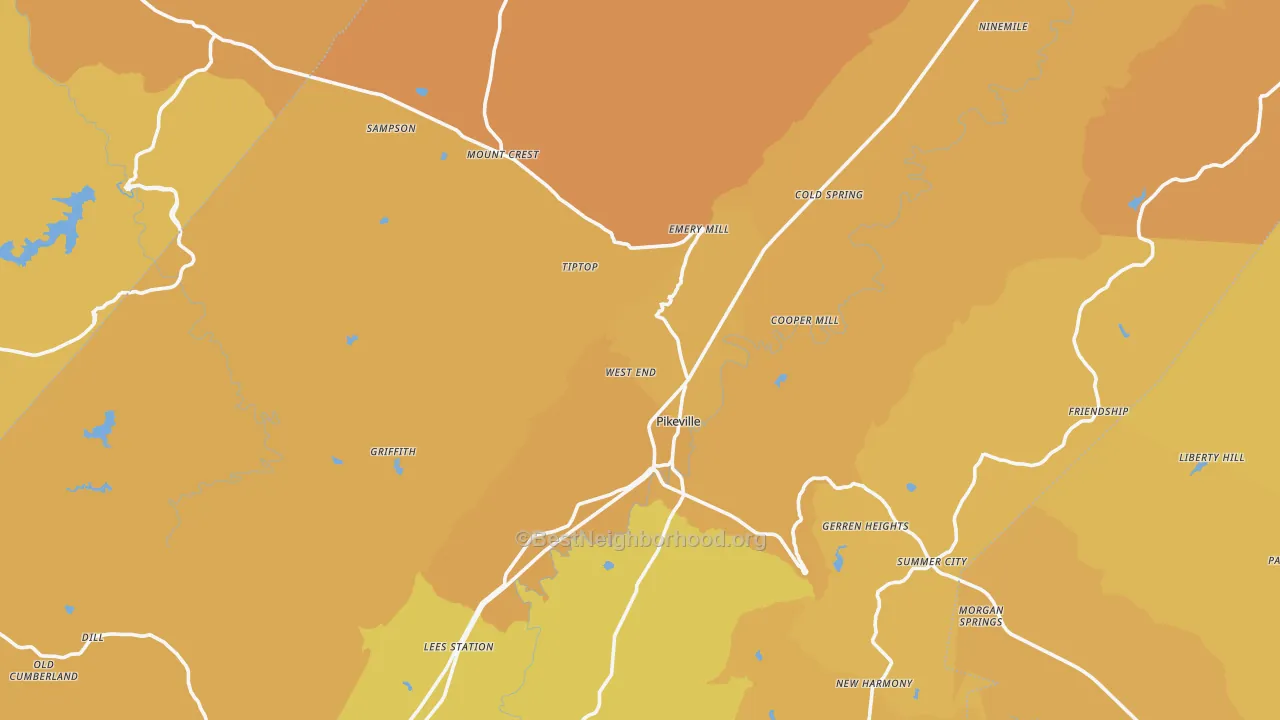 Map of the best neighborhoods in the Bledsoe County area, with better matches in green and worse matches in red