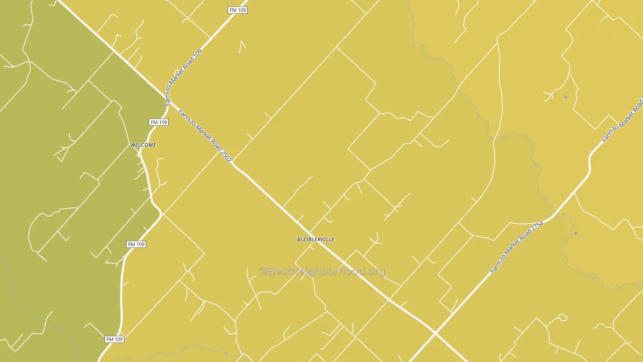 Map of the best neighborhoods in the Bleiblerville area, with better matches in green and worse matches in red