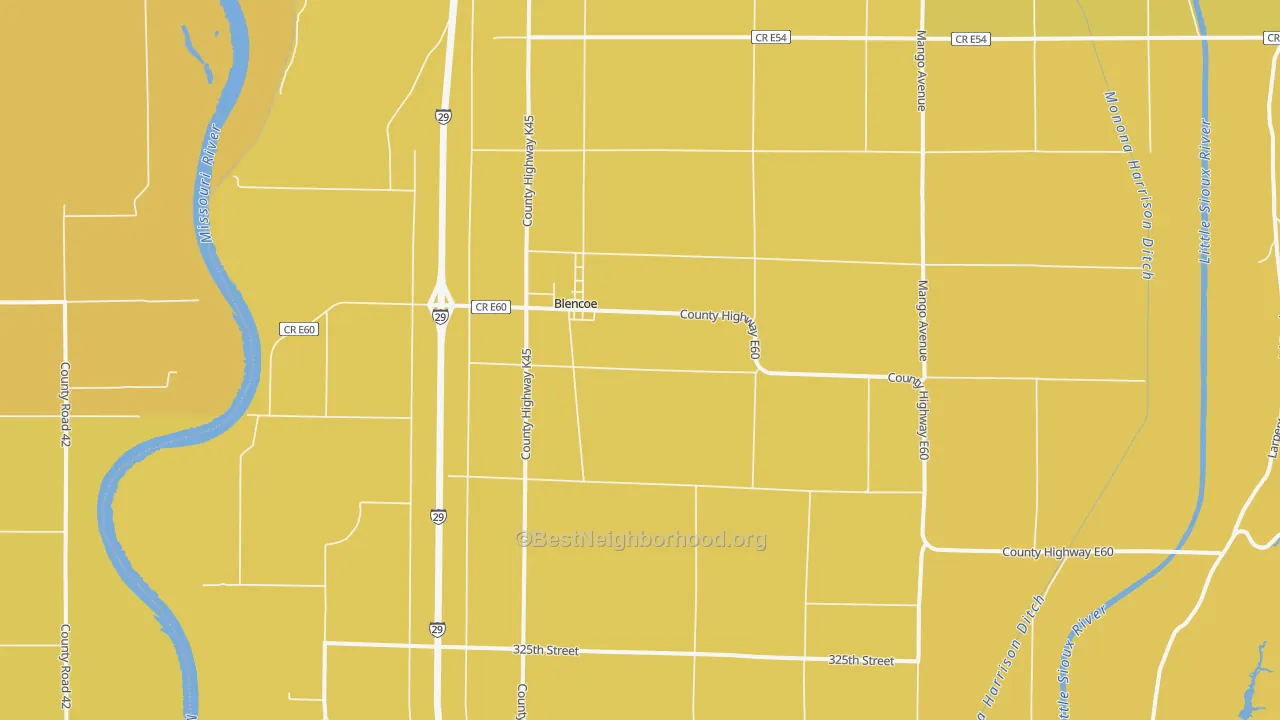 Map of the best neighborhoods in the Blencoe area, with better matches in green and worse matches in red