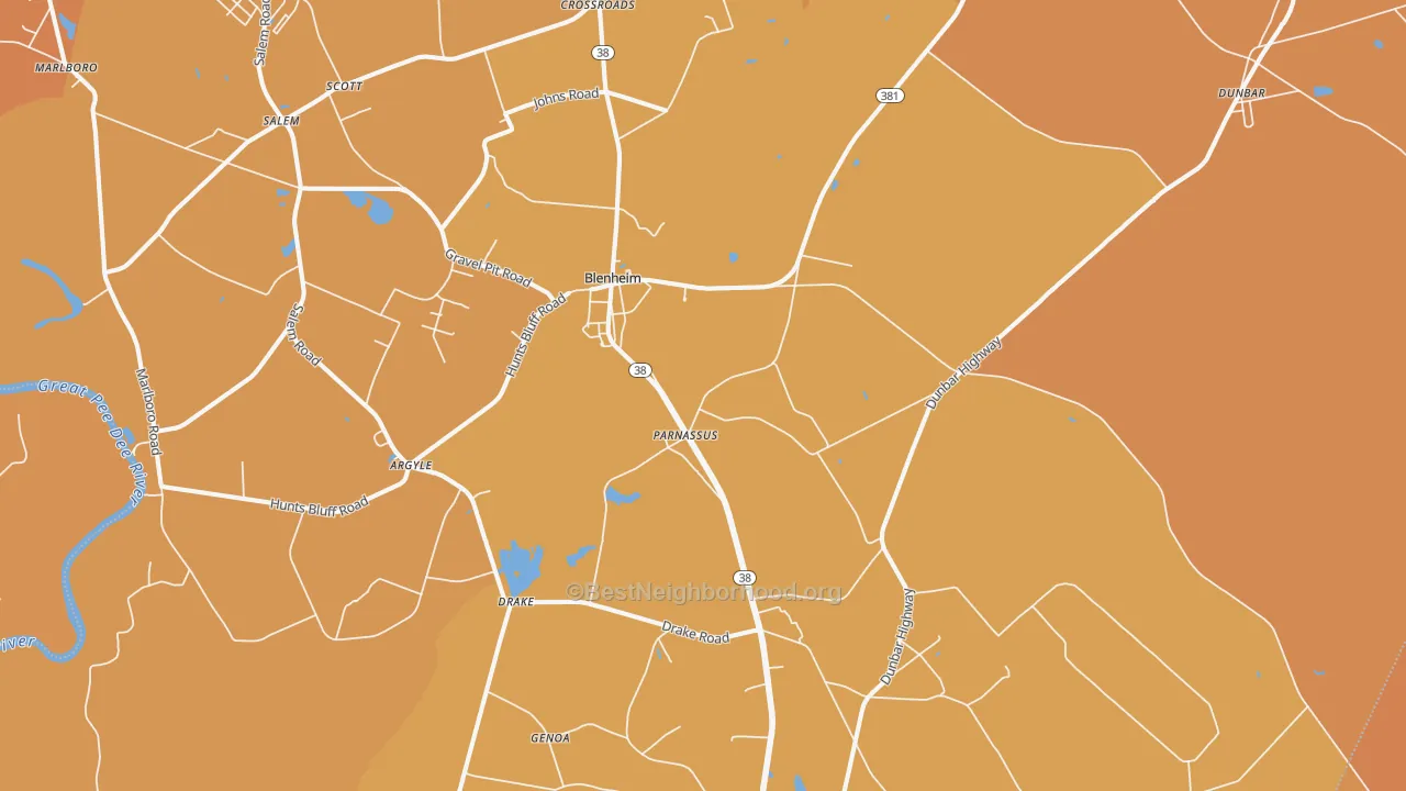 Map of the best neighborhoods in the Blenheim area, with better matches in green and worse matches in red