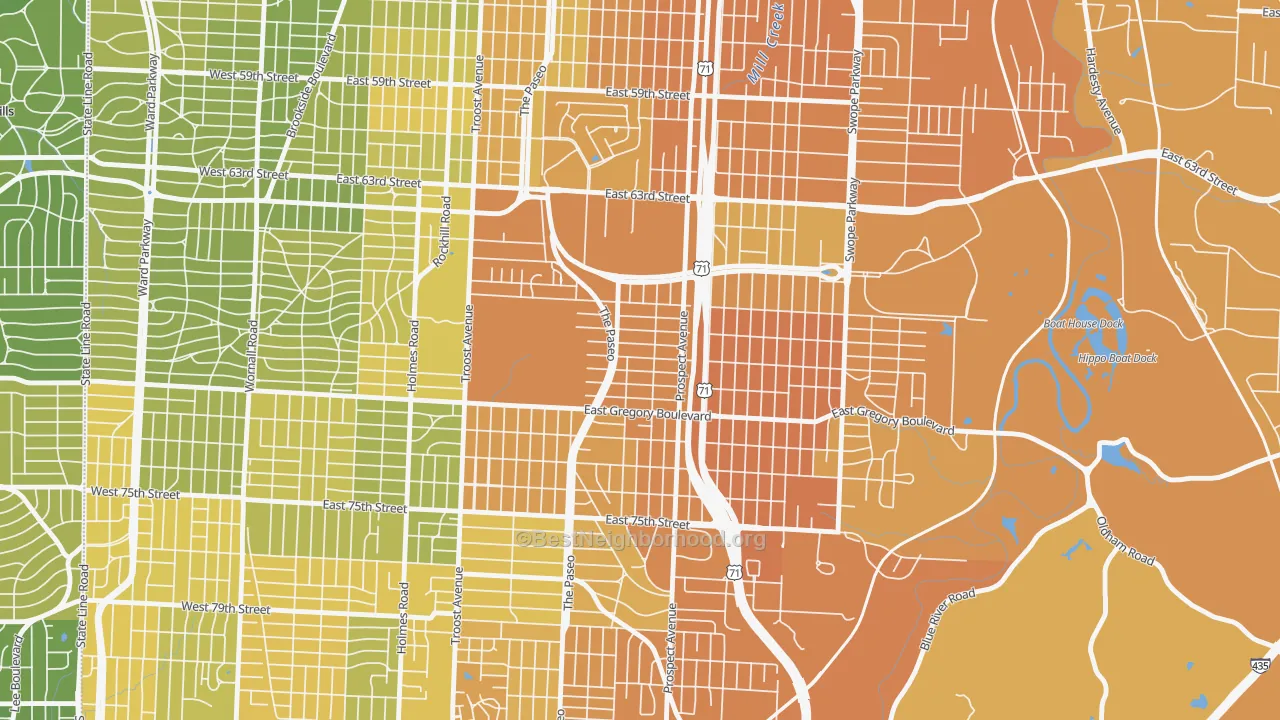 Map of the best neighborhoods in the Blenheim Square, Kansas City area, with better matches in green and worse matches in red