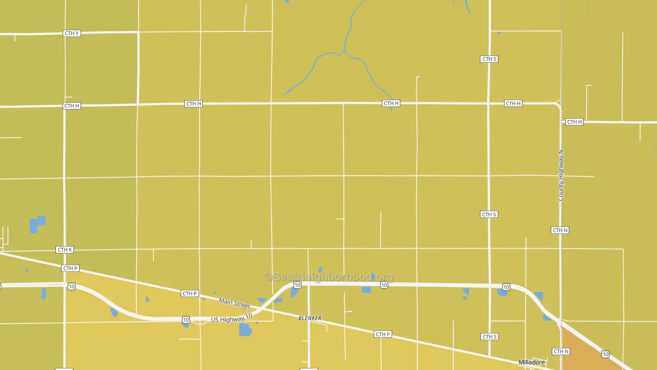 Map of the best neighborhoods in the Blenker area, with better matches in green and worse matches in red