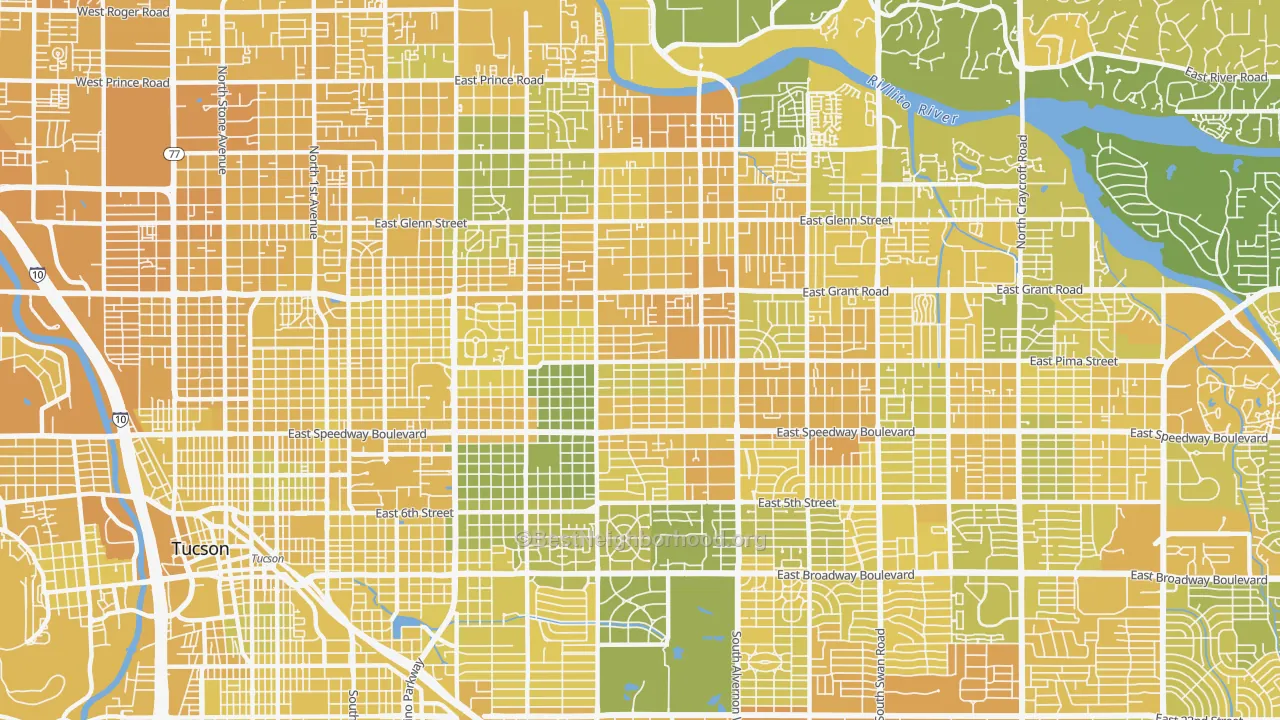 Map of the best neighborhoods in the Blenman-Elm, Tucson area, with better matches in green and worse matches in red