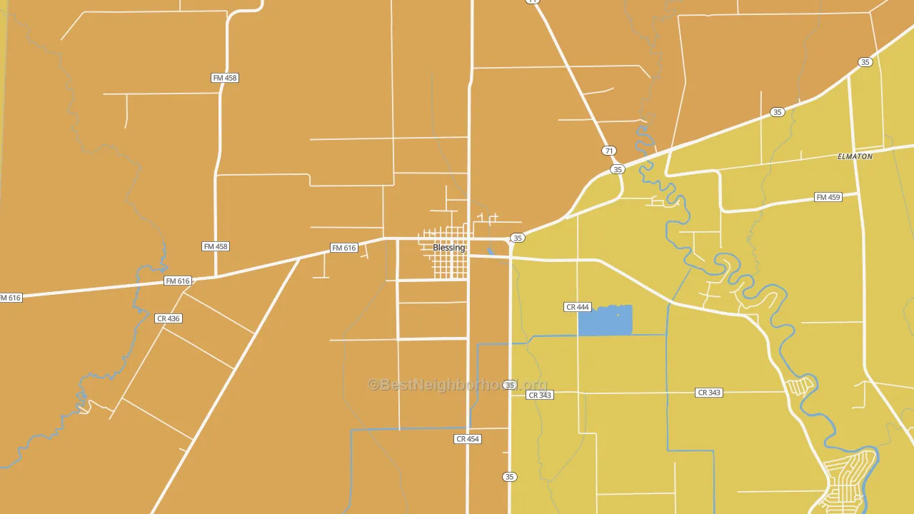 Map of the best neighborhoods in the Blessing area, with better matches in green and worse matches in red
