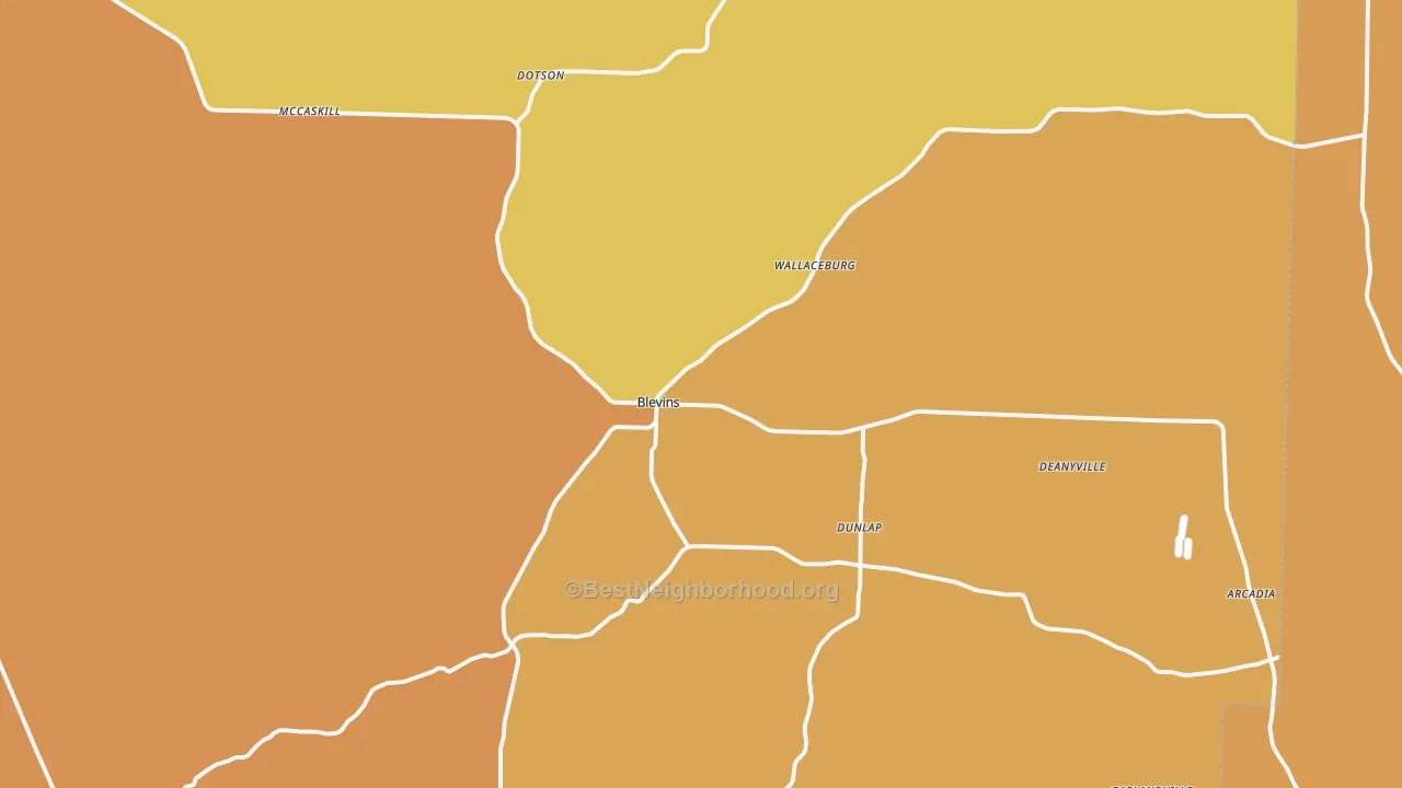 Map of the best neighborhoods in the Blevins area, with better matches in green and worse matches in red