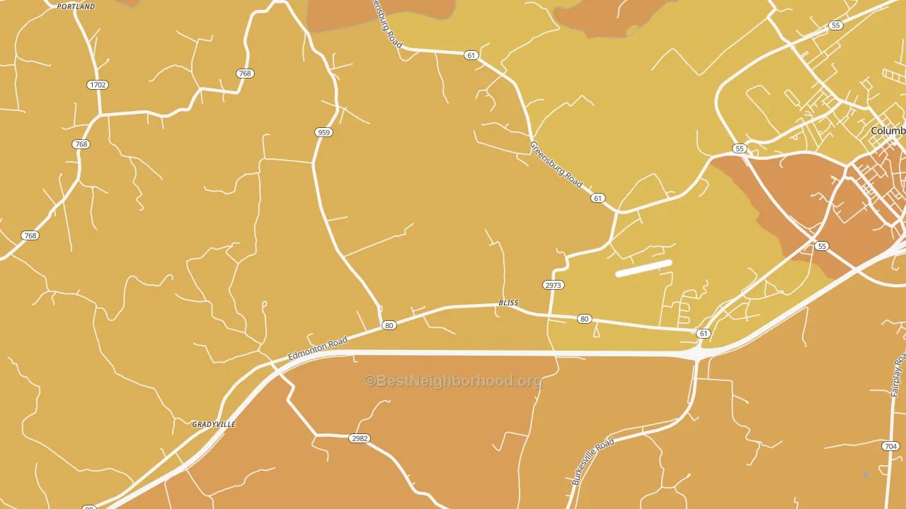 Map of the best neighborhoods in the Bliss area, with better matches in green and worse matches in red