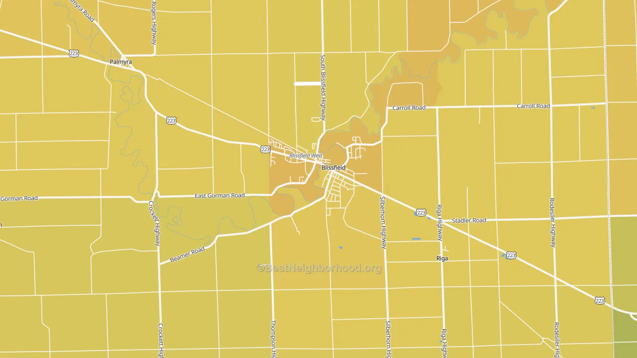 Map of the best neighborhoods in the Blissfield area, with better matches in green and worse matches in red