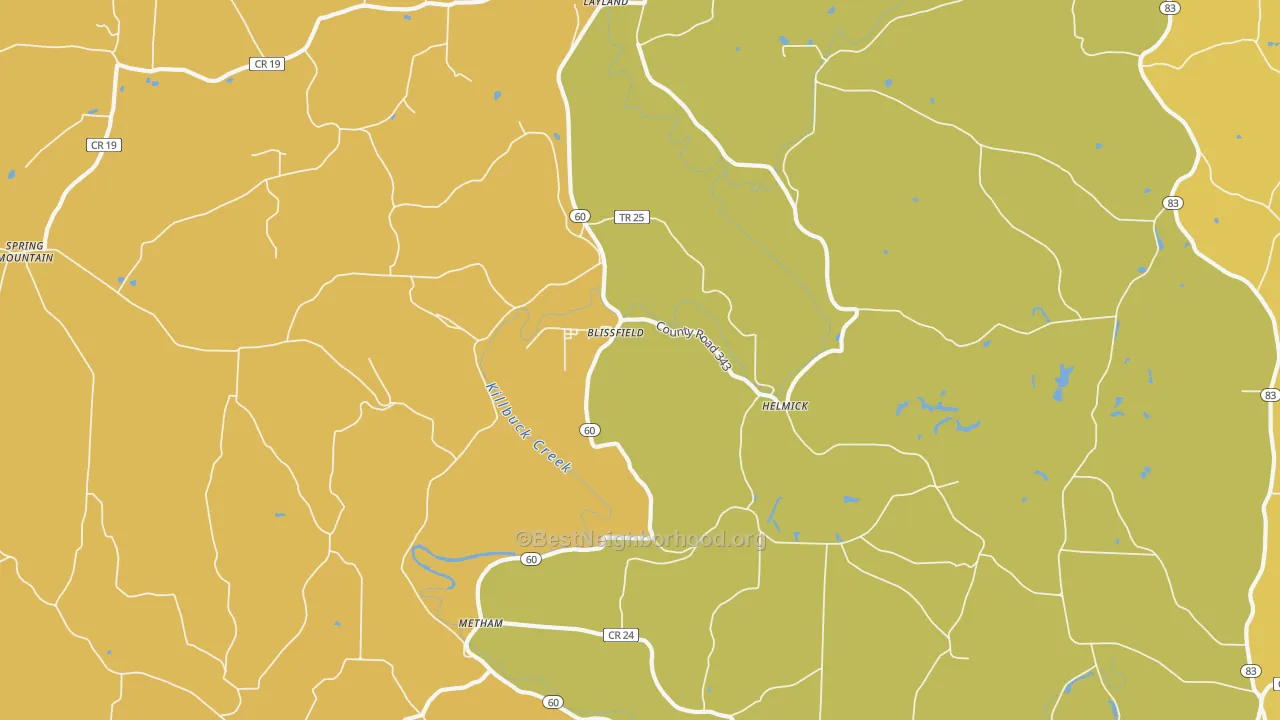 Map of the best neighborhoods in the Blissfield area, with better matches in green and worse matches in red