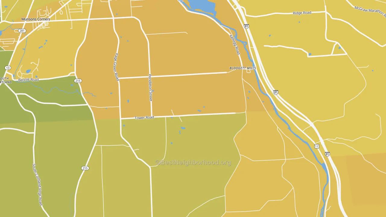 Map of the best neighborhoods in the Blodgett Mills area, with better matches in green and worse matches in red
