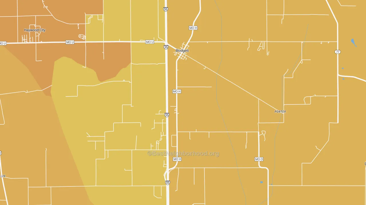 Map of the best neighborhoods in the Blodgett area, with better matches in green and worse matches in red