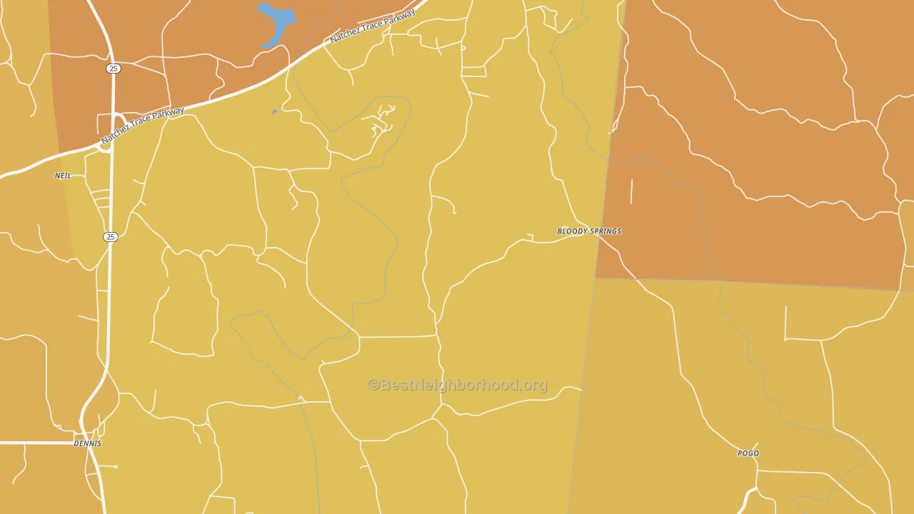 Map of the best neighborhoods in the Bloody Springs area, with better matches in green and worse matches in red