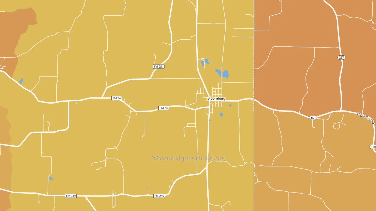 Map of the best neighborhoods in the Bloomburg area, with better matches in green and worse matches in red