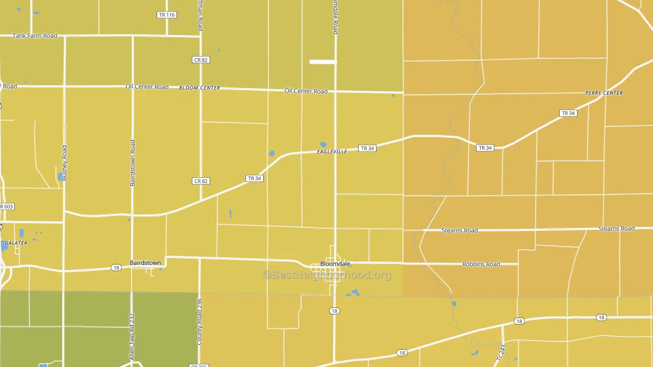 Map of the best neighborhoods in the Bloomdale area, with better matches in green and worse matches in red