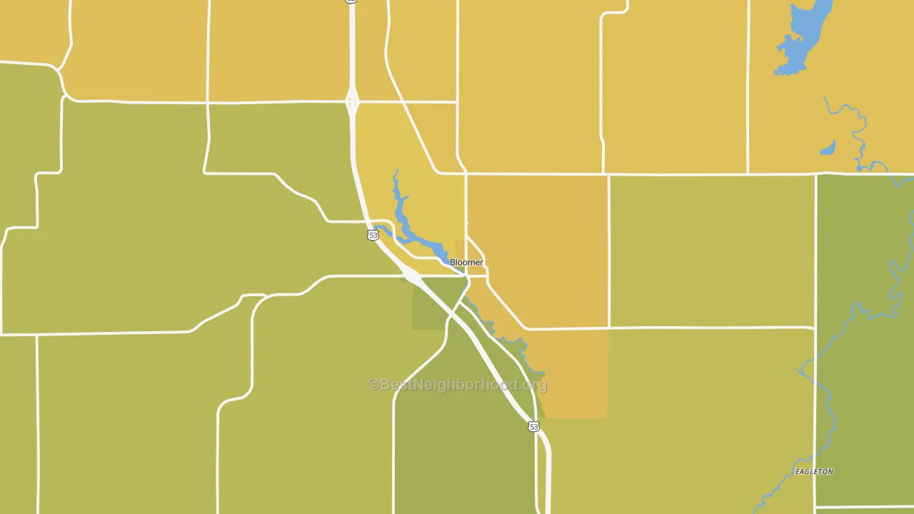 Map of the best neighborhoods in the Bloomer area, with better matches in green and worse matches in red