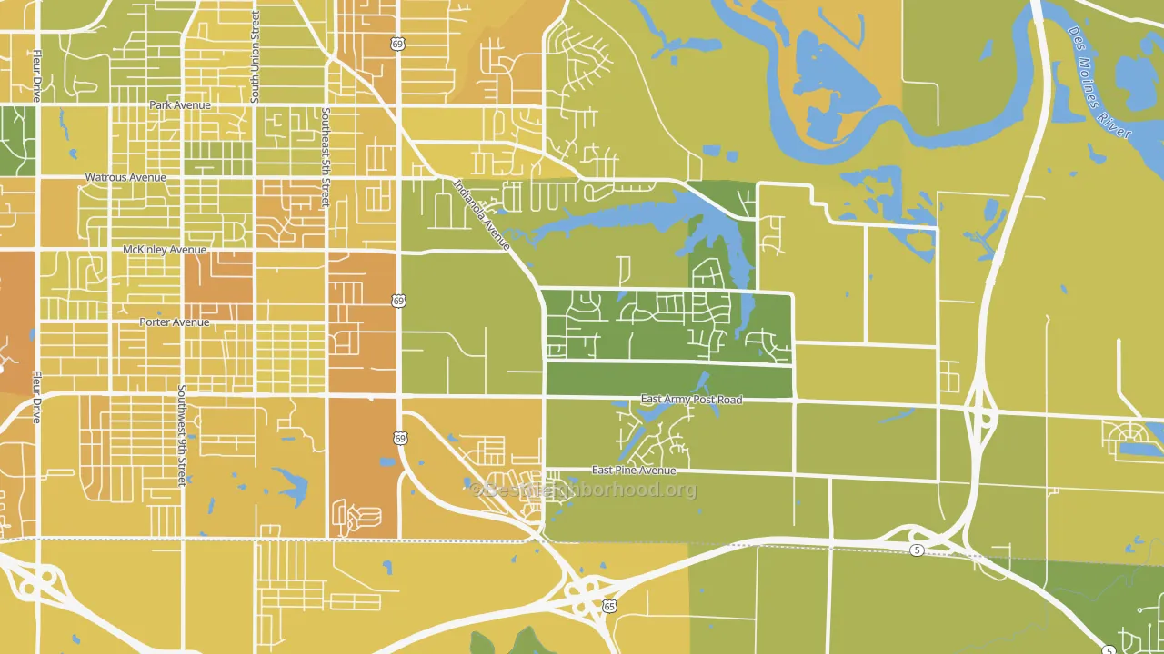 Map of the best neighborhoods in the Bloomfield-Allen, Des Moines area, with better matches in green and worse matches in red
