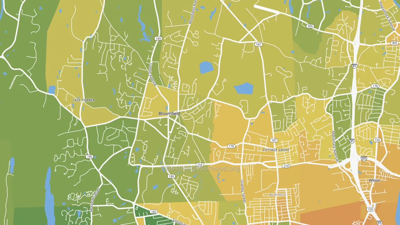 Map of the best neighborhoods in the Bloomfield area, with better matches in green and worse matches in red