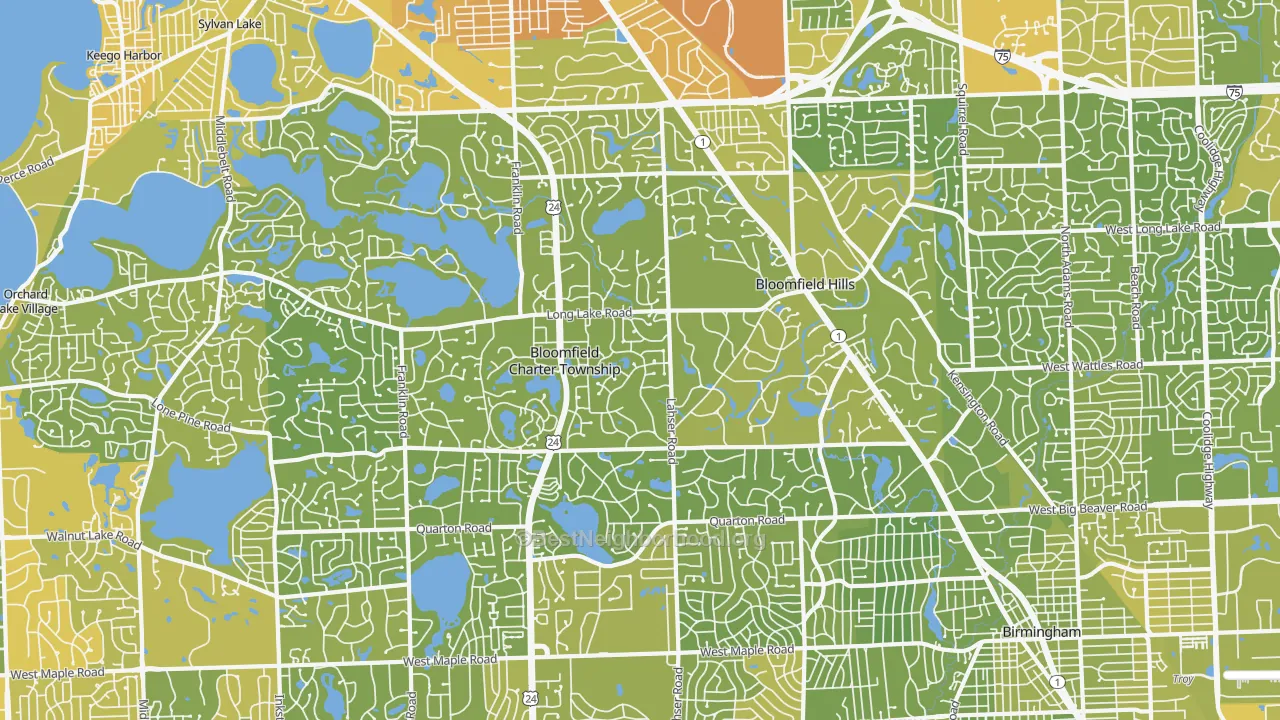 Map of the best neighborhoods in the Bloomfield Hills area, with better matches in green and worse matches in red