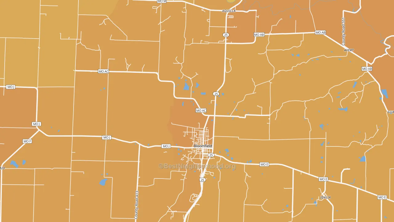 Map of the best neighborhoods in the Bloomfield area, with better matches in green and worse matches in red