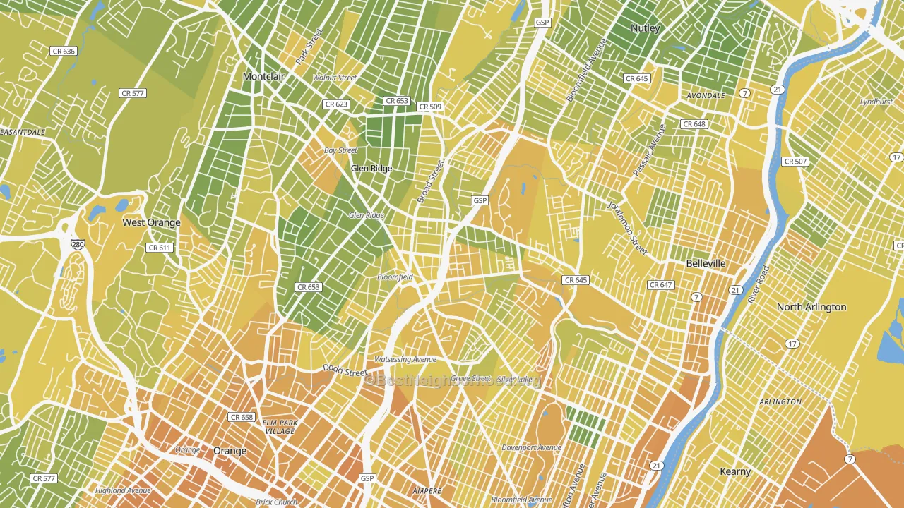 Map of the best neighborhoods in the Bloomfield area, with better matches in green and worse matches in red