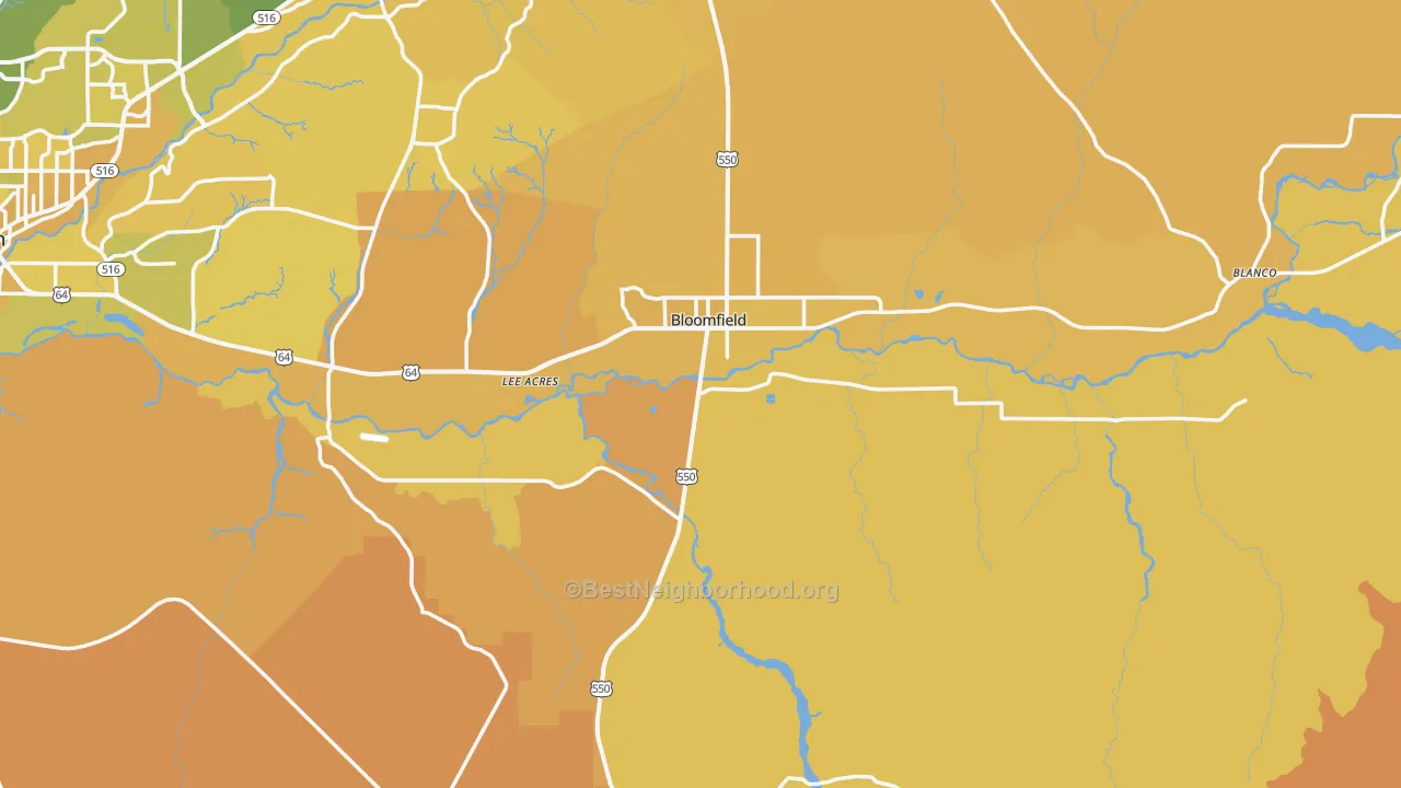 Map of the best neighborhoods in the Bloomfield area, with better matches in green and worse matches in red