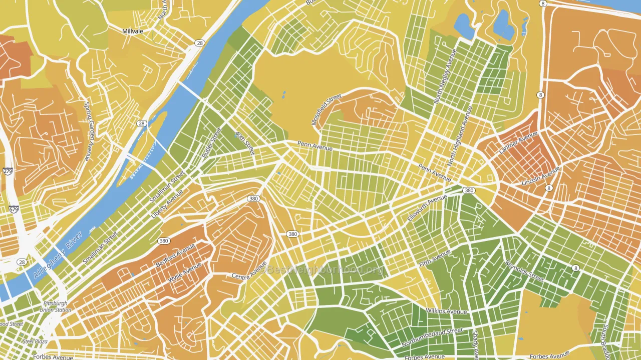 Map of the best neighborhoods in the Bloomfield, Pittsburgh area, with better matches in green and worse matches in red