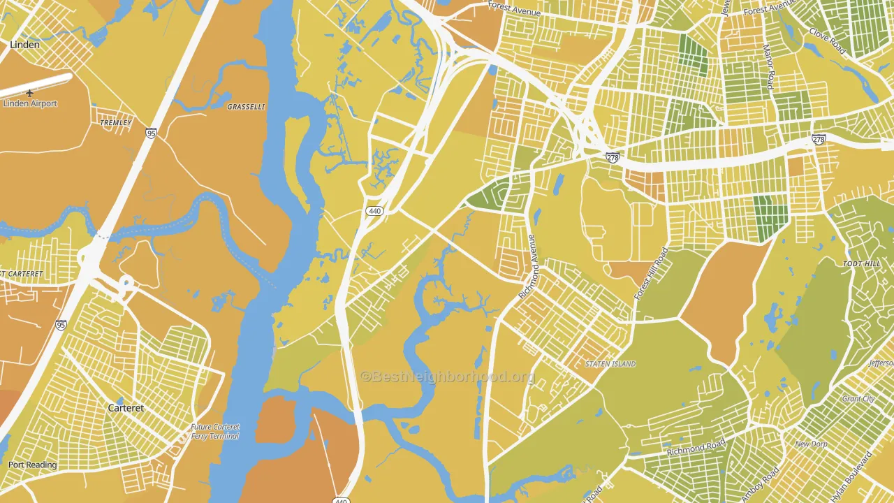 Map of the best neighborhoods in the Bloomfield, Staten Island area, with better matches in green and worse matches in red