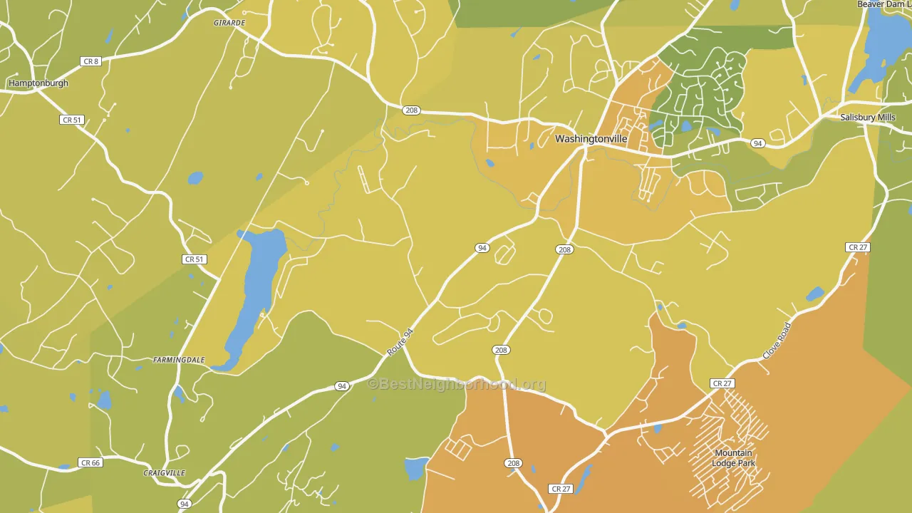 Map of the best neighborhoods in the Blooming Grove area, with better matches in green and worse matches in red