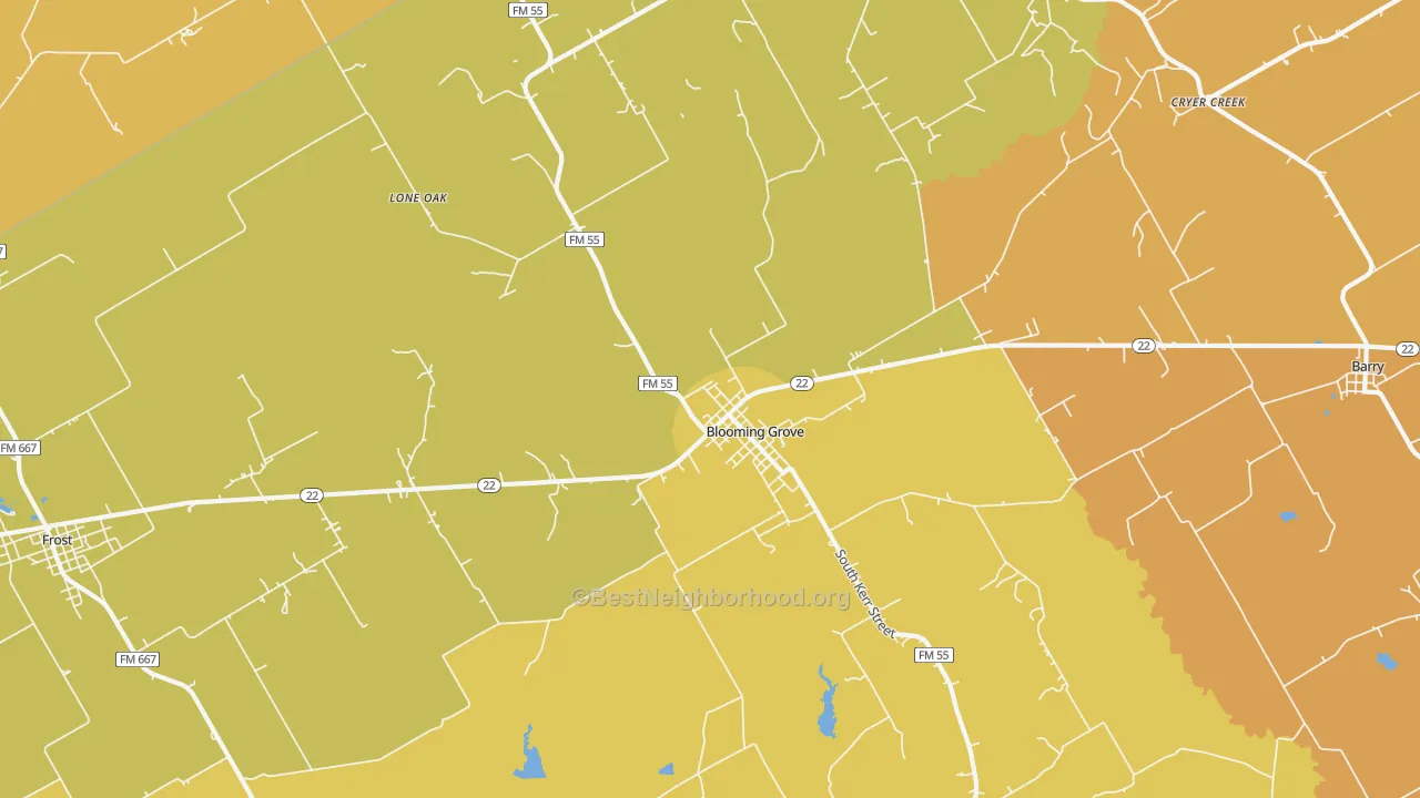 Map of the best neighborhoods in the Blooming Grove area, with better matches in green and worse matches in red